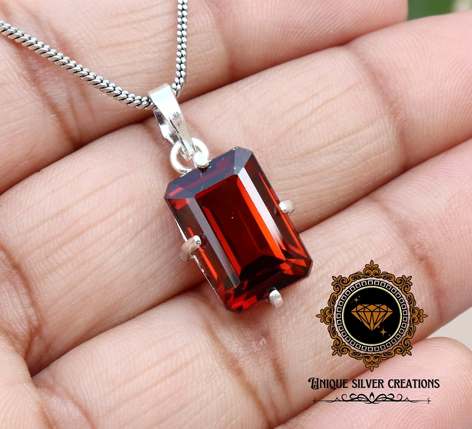 Natural Hessonite Garnet 925 Silver Pendant Certified Emerald Cut Loose Gemstone