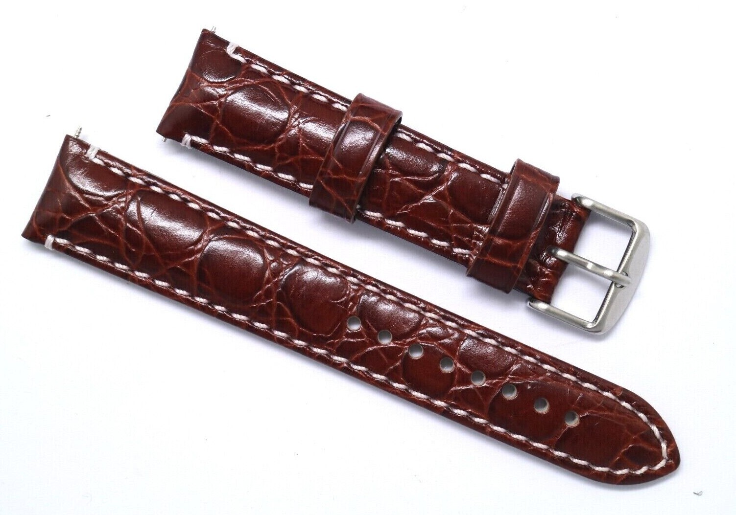 20mm 22mm Brown Croco Embossed Leather Water Resistant Watch Band Silver Buckle