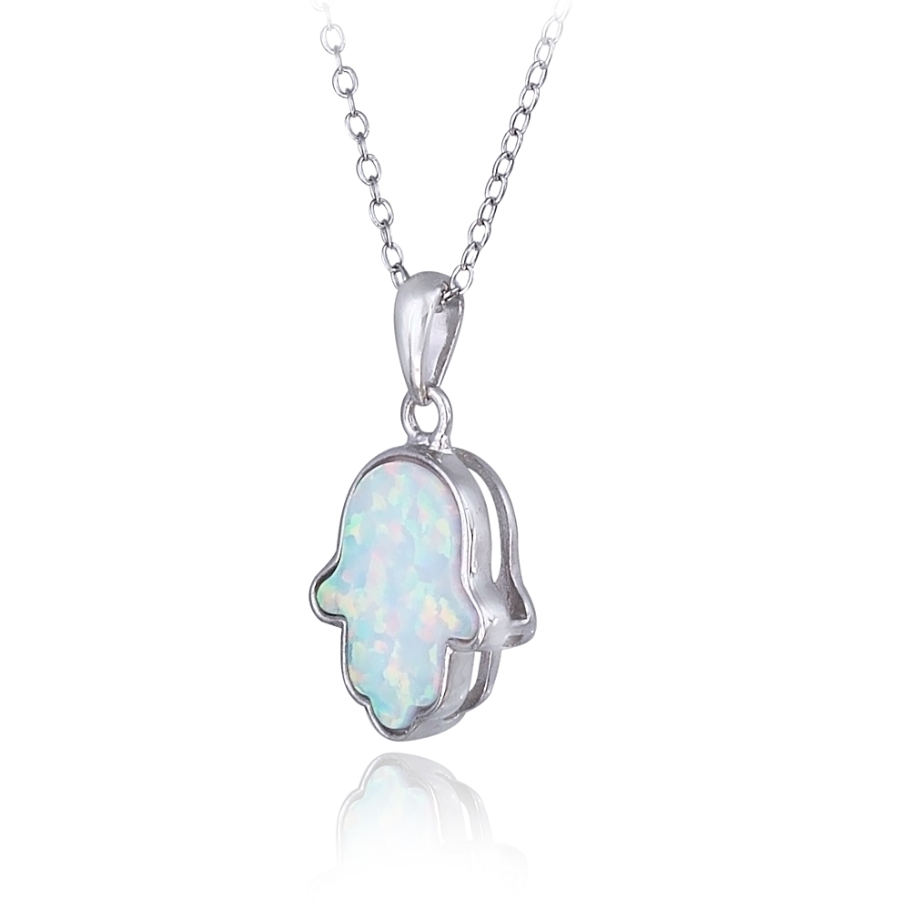 Sterling Silver Created White Opal Hamsa Necklace