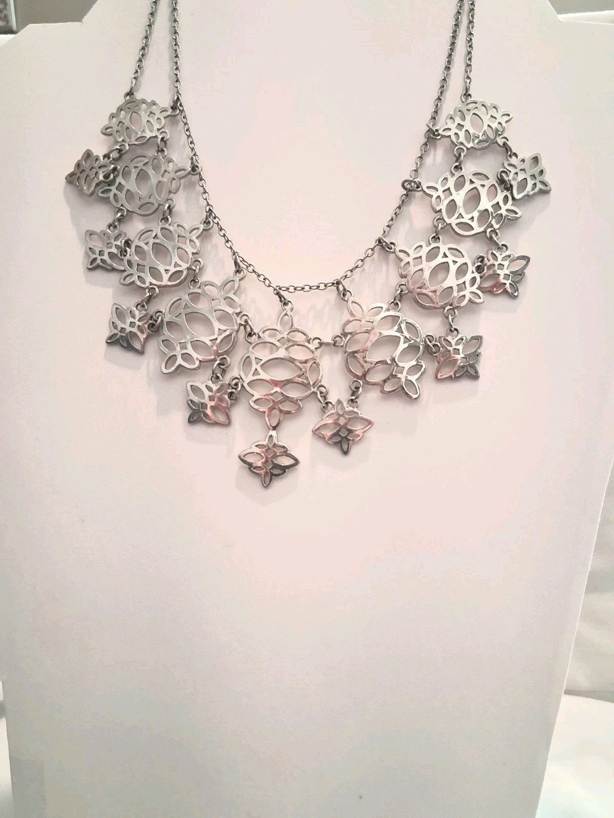 Silver Tone Floral Cutout Bib Statement Necklace, Metal Cable Chain