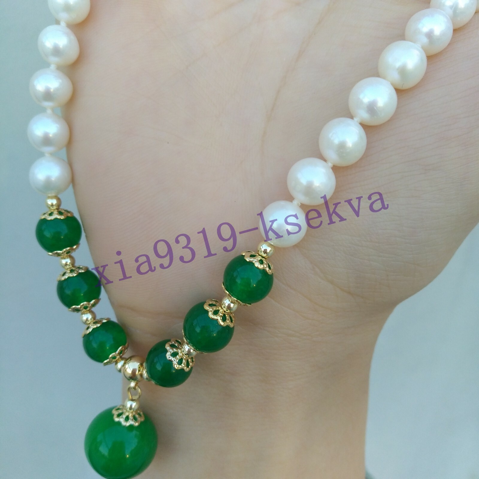 18in Pretty Akoya Round White Pearl + green jade Necklace Pendant 14k Gold P