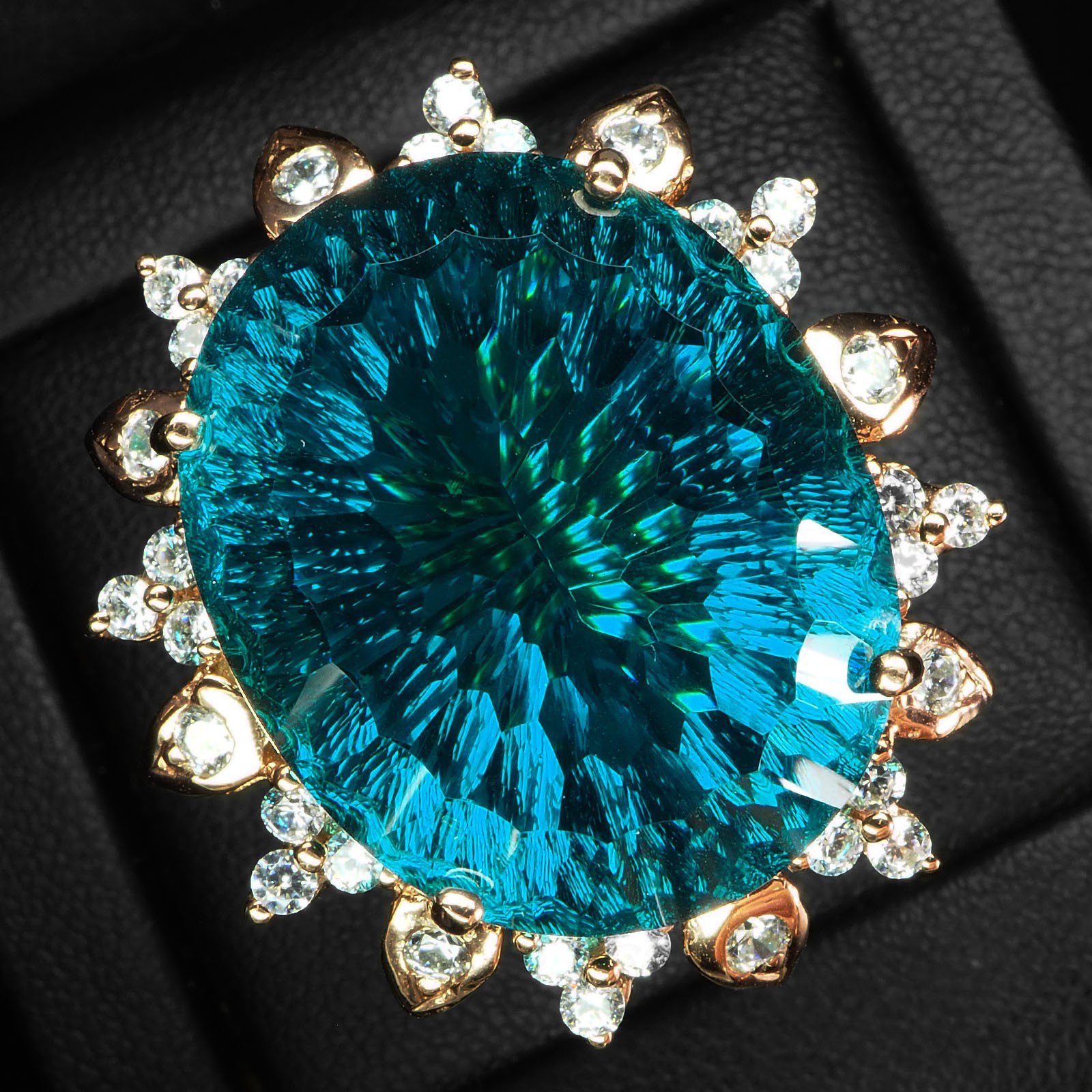 Luxurious Blue Green Tourmaline Concave 40Ct 925 Sterling Silver Rose Gold Rings