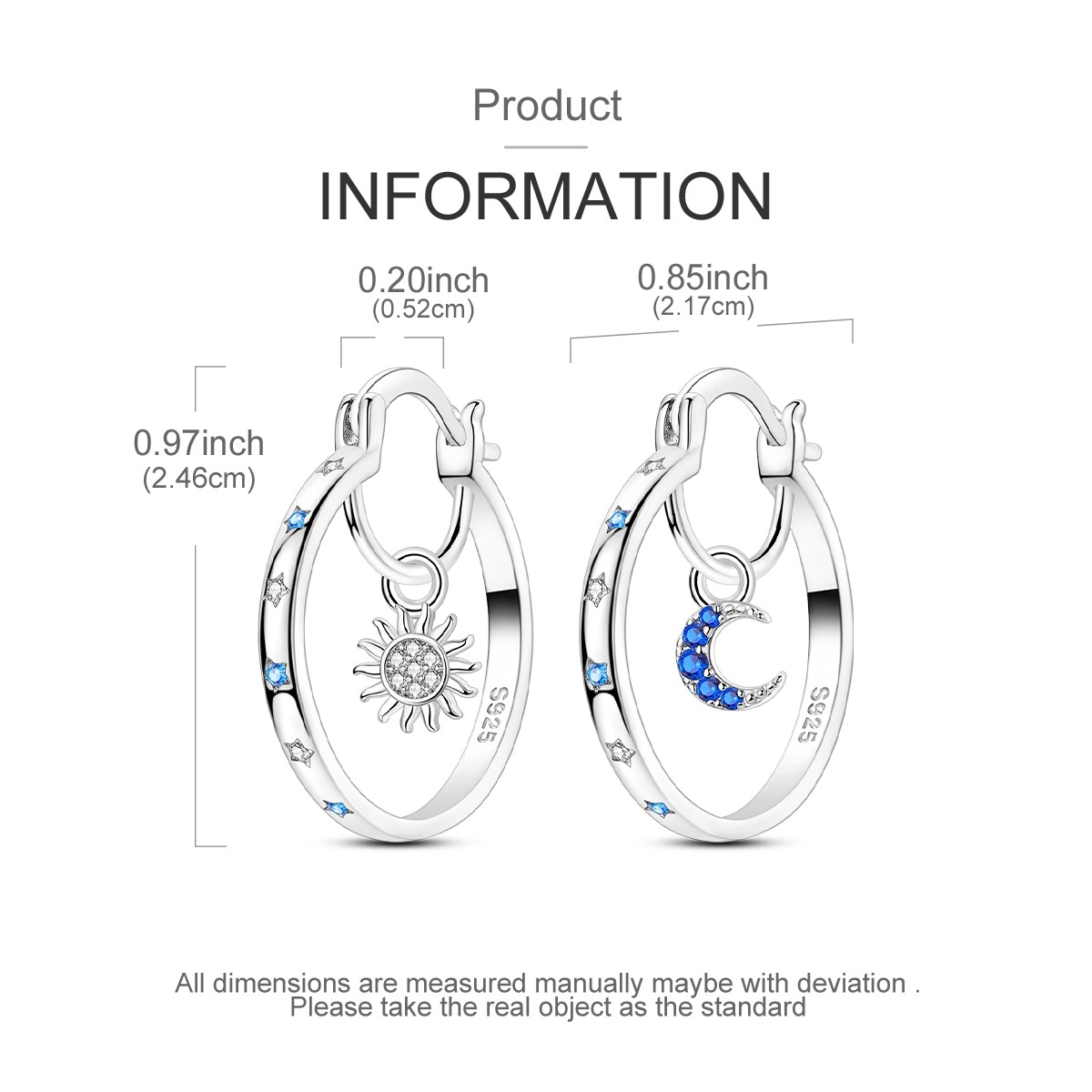 LAZA European Blue Star Moon Sun 925 Sterling Silver Hoop Earrings Women Jewelry