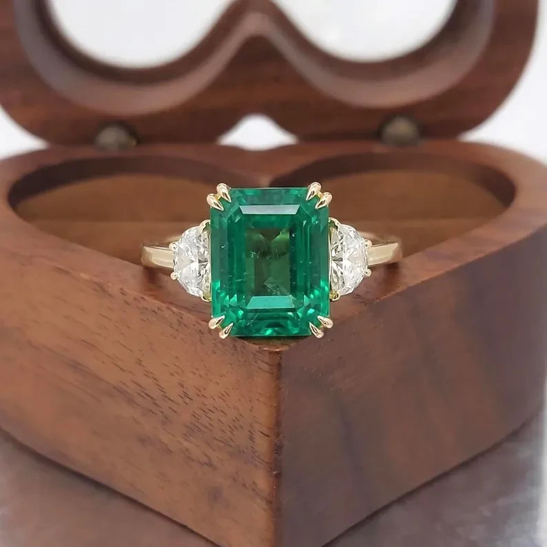 5.40Ct Emerald Cut Natural Emerald Diamond 14K Yellow Gold Wedding Ring Size 7 8