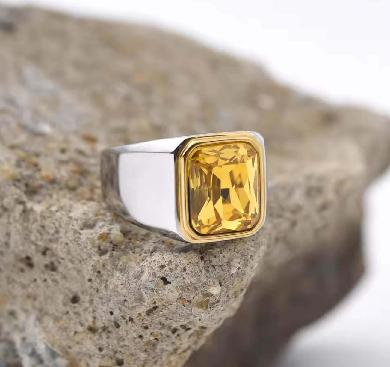 Men’s Ring 316 Stainless Steel Mix Gold Silver Color Yellow Gemstone Rectangle