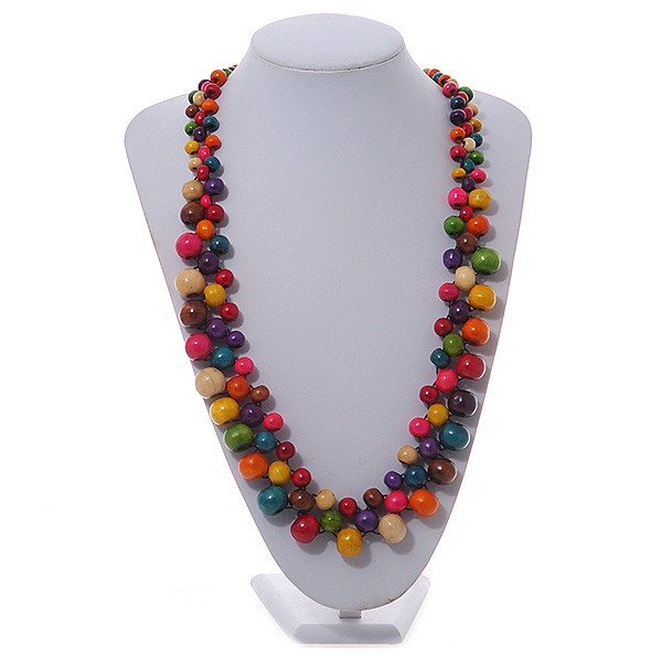 Cluster Wood Beaded Long Necklace in Multi – 82cm Long