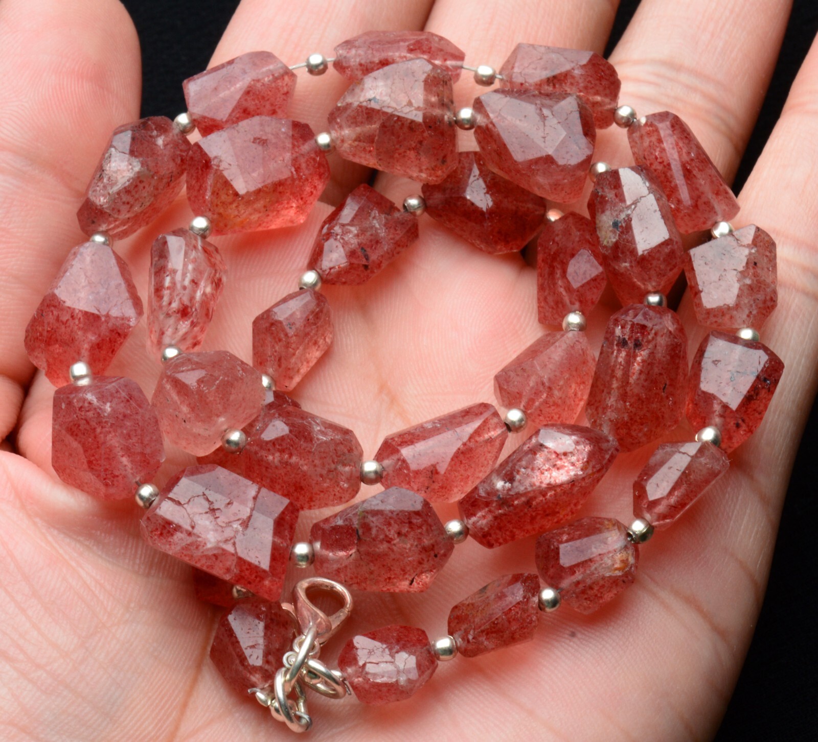 Natural Gem Strawberry Quartz 9 to 15 mm Nugget Beads Necklace 19″