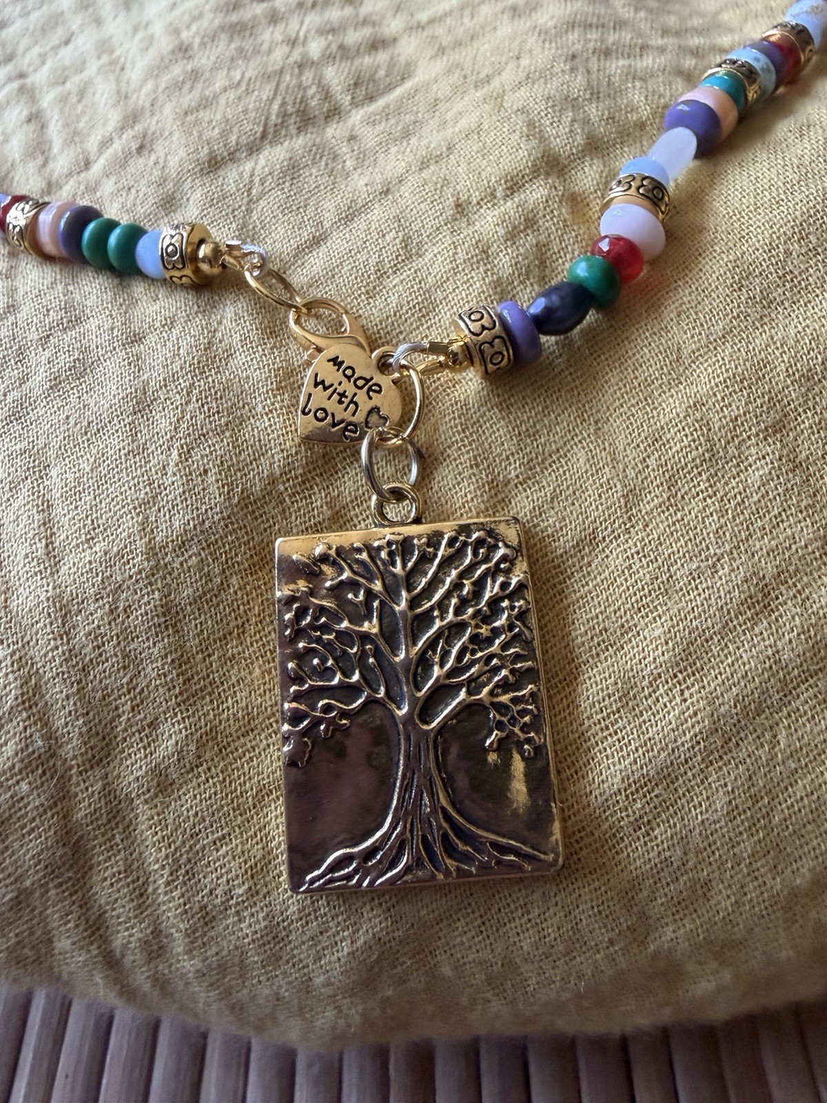 Handmade Multicolor Beaded Necklace Tree of Life Pendant Lobster 20 in