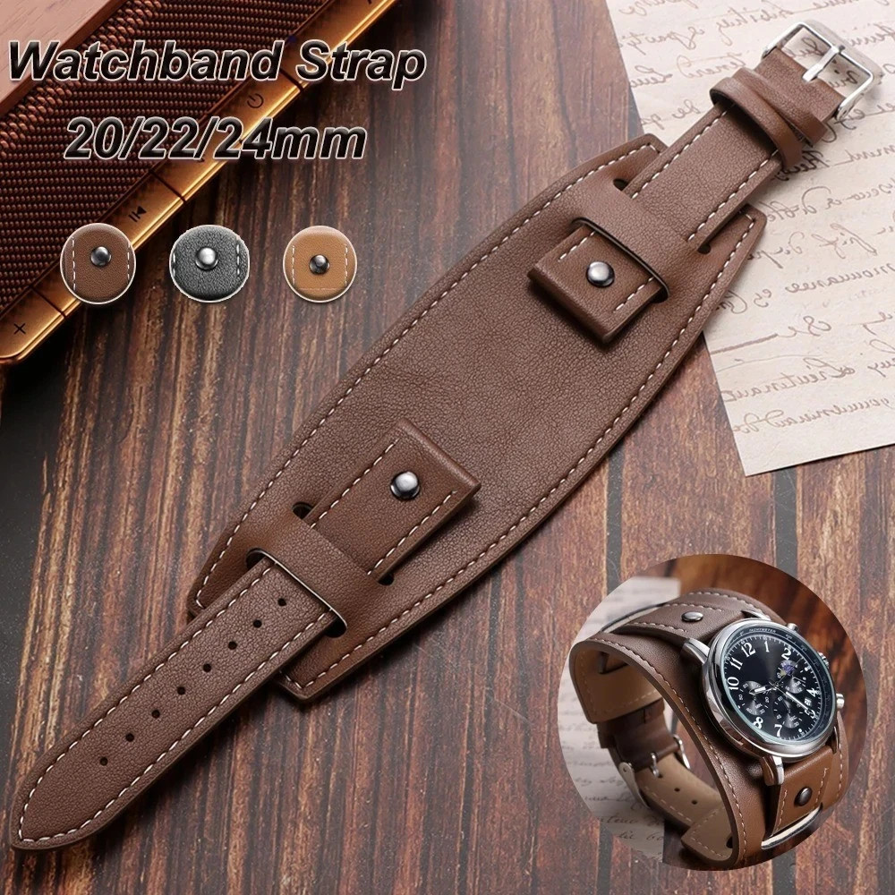20 22 24mm Bund Strap Men’s Watch Band Vintage Cowhide Cuff Watchband