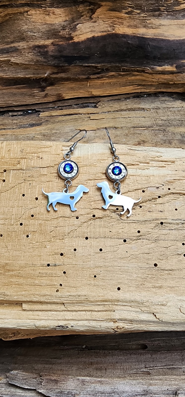 Stainless Steel Bullet Earrings with Dachshund Charms. Optional Crystals.