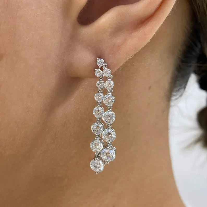 Round Cut Lab Grown Diamond For Engagement Gift Drop Earrings 14k White Gold