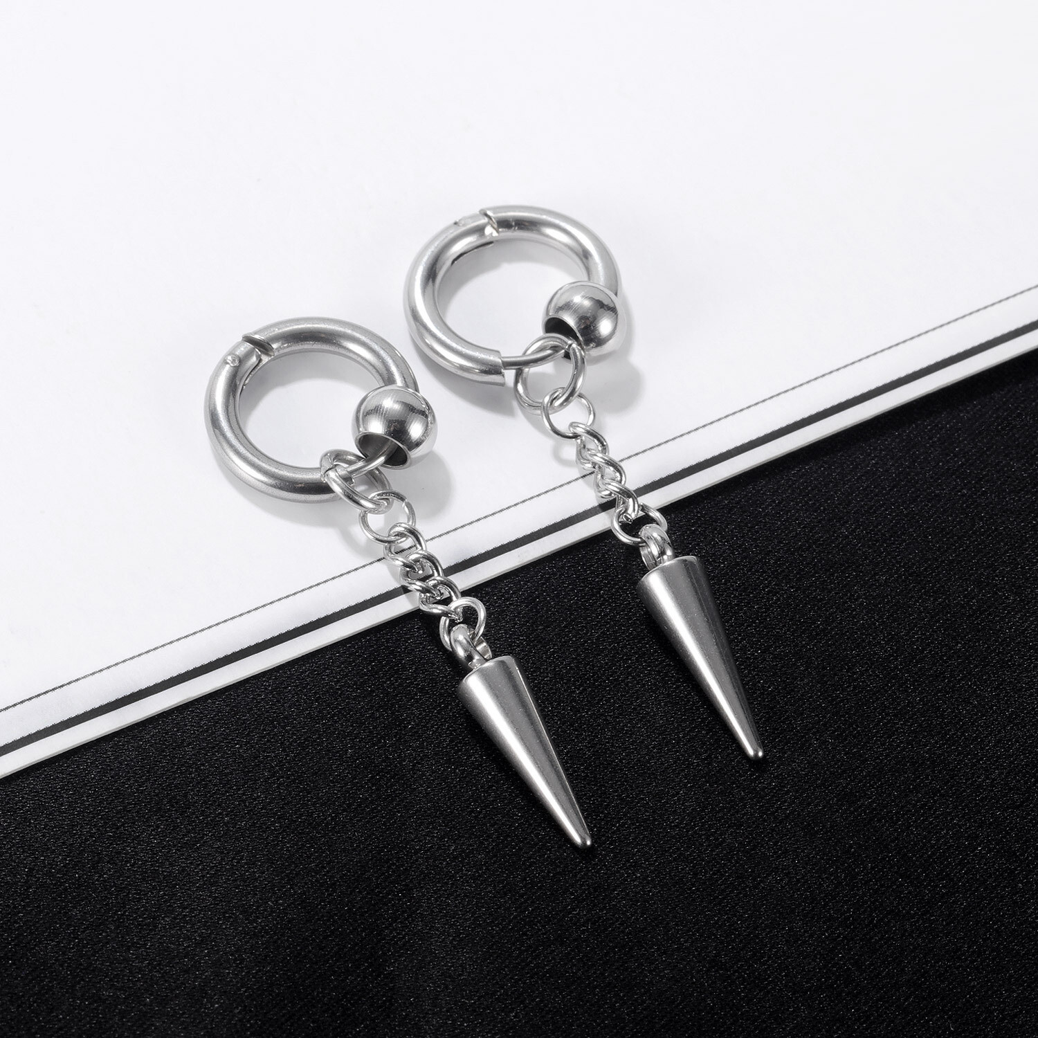 Man Woman Stainless Steel Bead Spike Cone Taper Stud Earring Drop Tassel 2 PCS