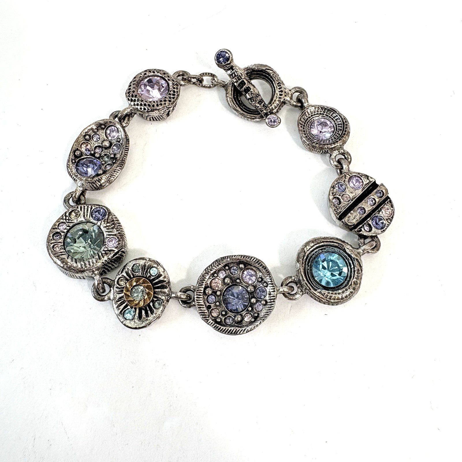 Patricia Locke Bracelet Silver Plate Swarovski Crystals Toggle 7.5″ Signed
