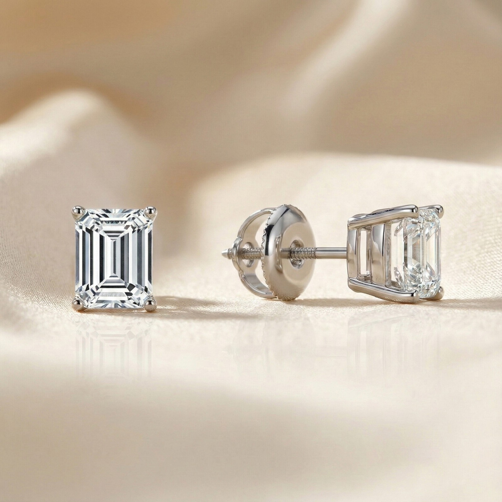2 Ct Emerald Lab Created Moissanite Earrings 18k White Gold Vermeil Screw