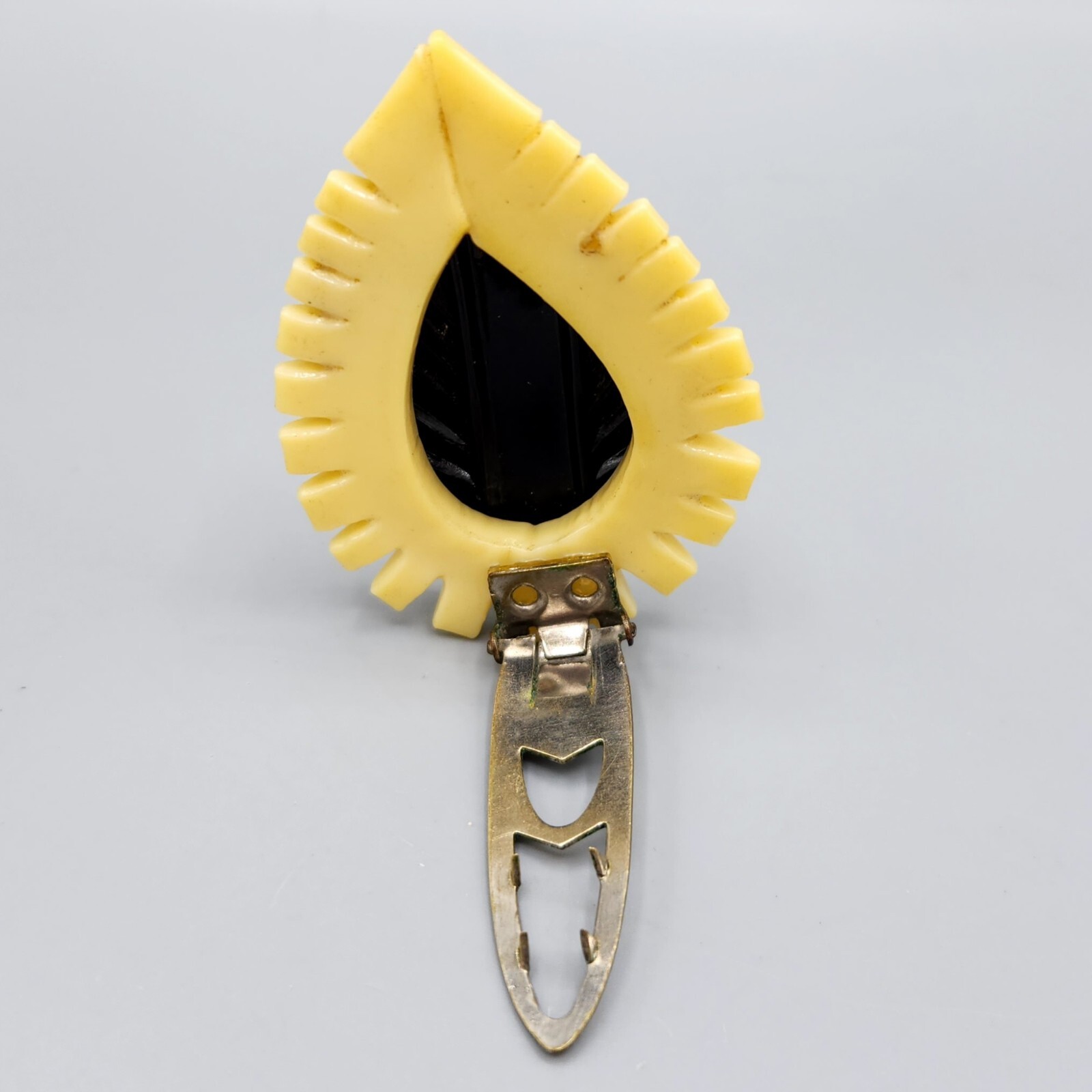 Late Art Deco Retro Black Cream Carved Celluoid Teardrop Dress Clip