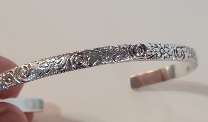 Sterling Silver Floral Cuff Bracelet Acid Tested Unmarked Botanical Swirl Bangle