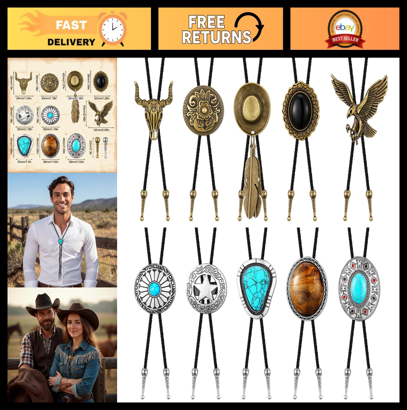 10 Pcs Western Cowboy Bolo Tie Set for Men & Women, Leather Neckties with Tiger