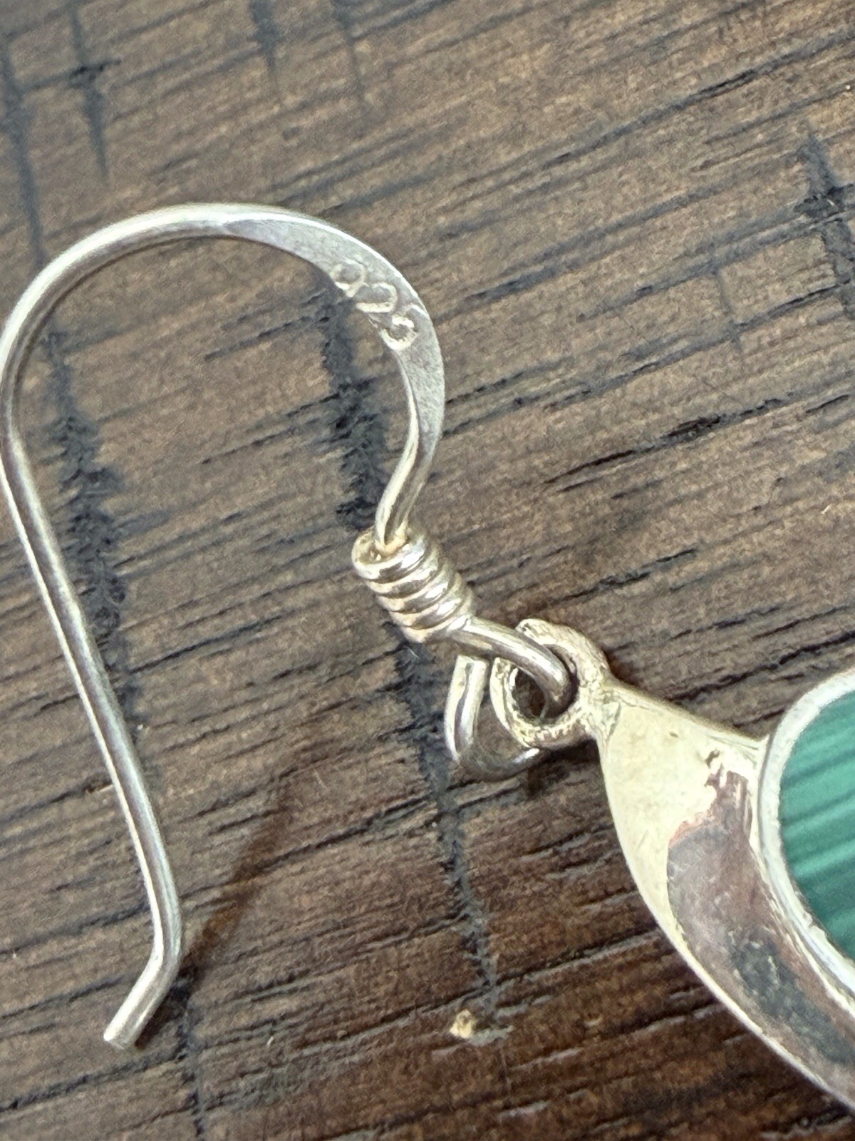 925 Sterling Silver Malachite Oval Bezel Dangle Hook Earrings Signed 1.5″