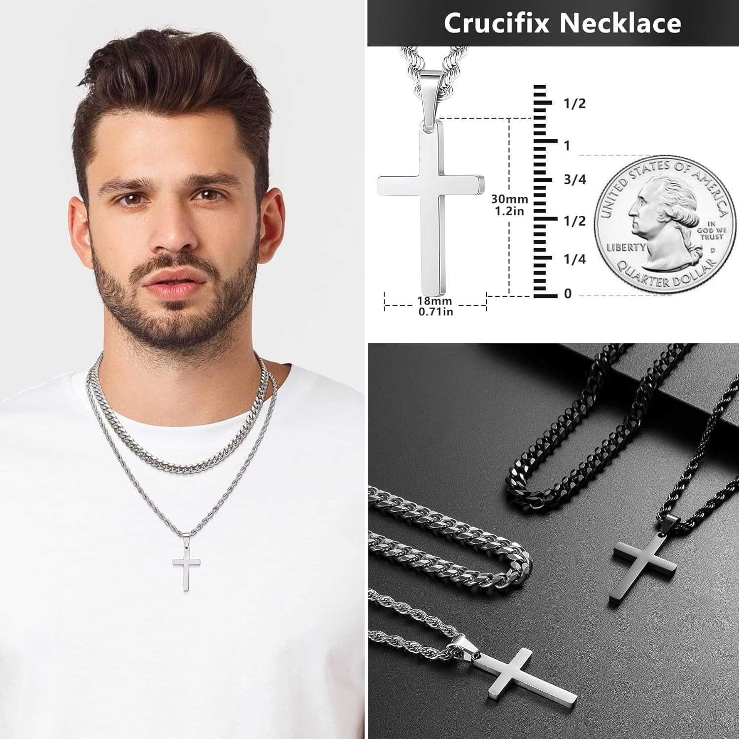 4Pcs Cross Necklace for Men Teen Boys,Stainless Steel Chains for Men Layered Nec