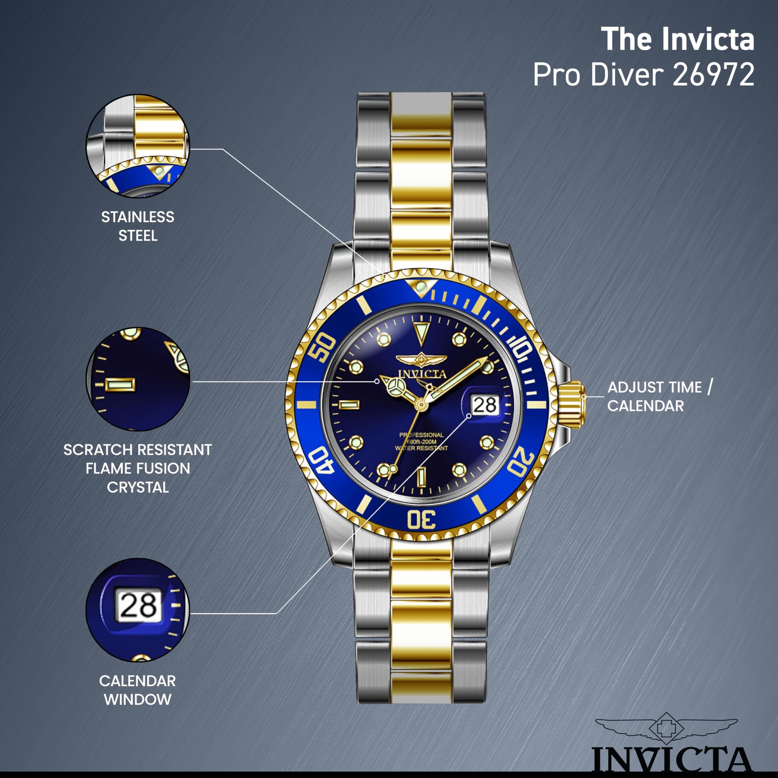 Invicta Men’s Pro Diver Quartz Watch with Stainless Steel Strap, Two Tone, 20