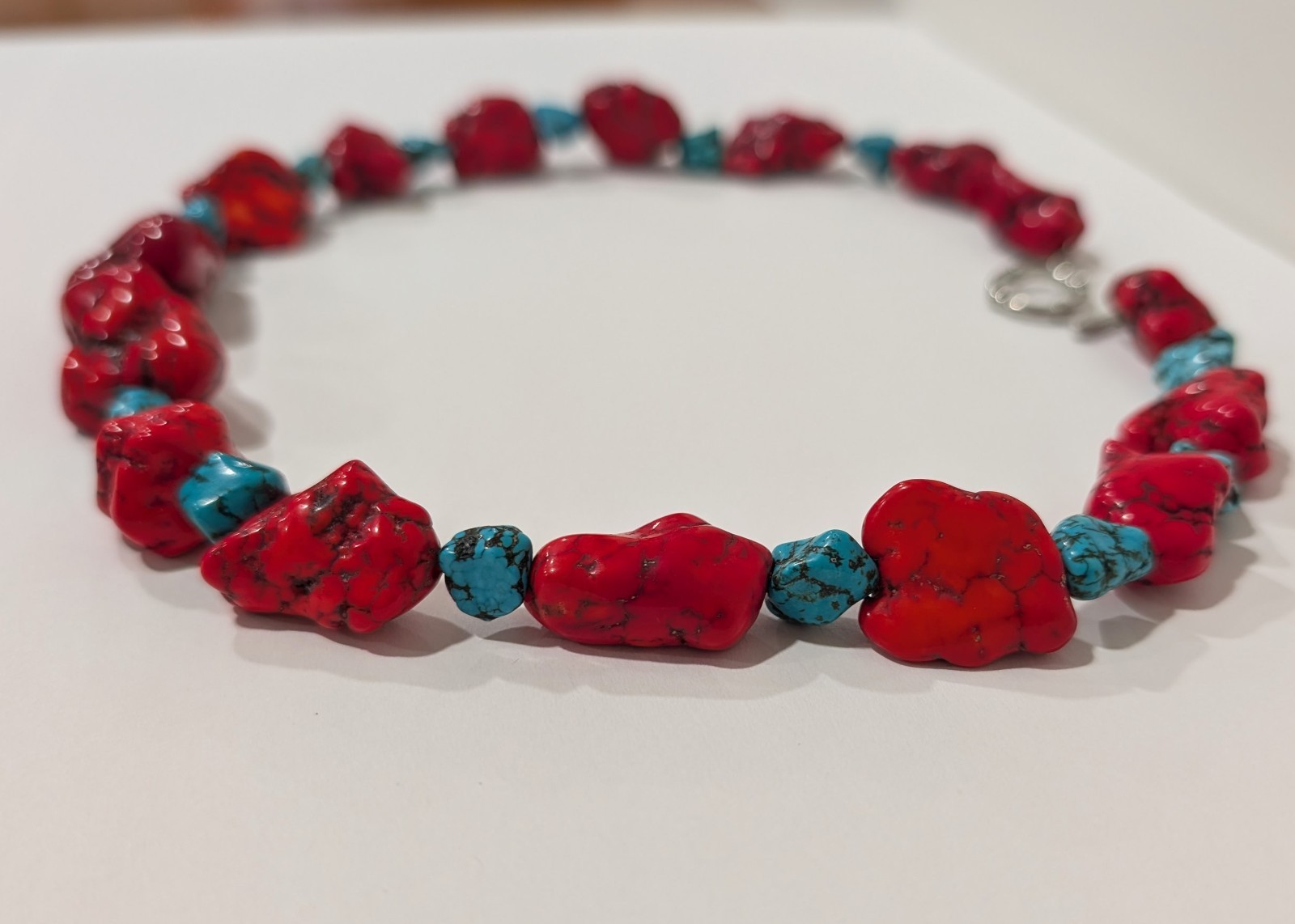 Chunky Necklace with Vivid Red and Blue Dyed Howlite Nuggets 18.5 in.