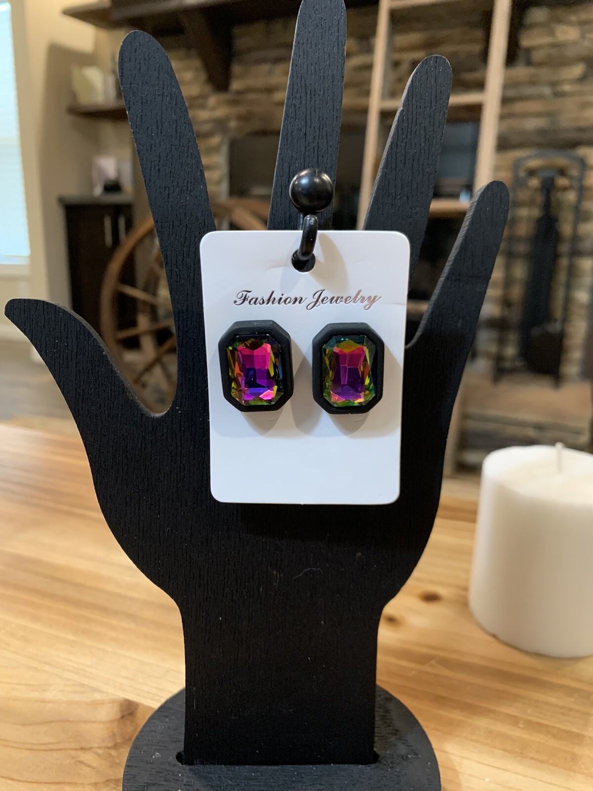 Beautiful Black Multi Color Glass Stone Earrings