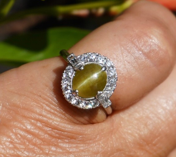 Platinum Cats Eye Chrysoberyl and Diamond Halo Ring