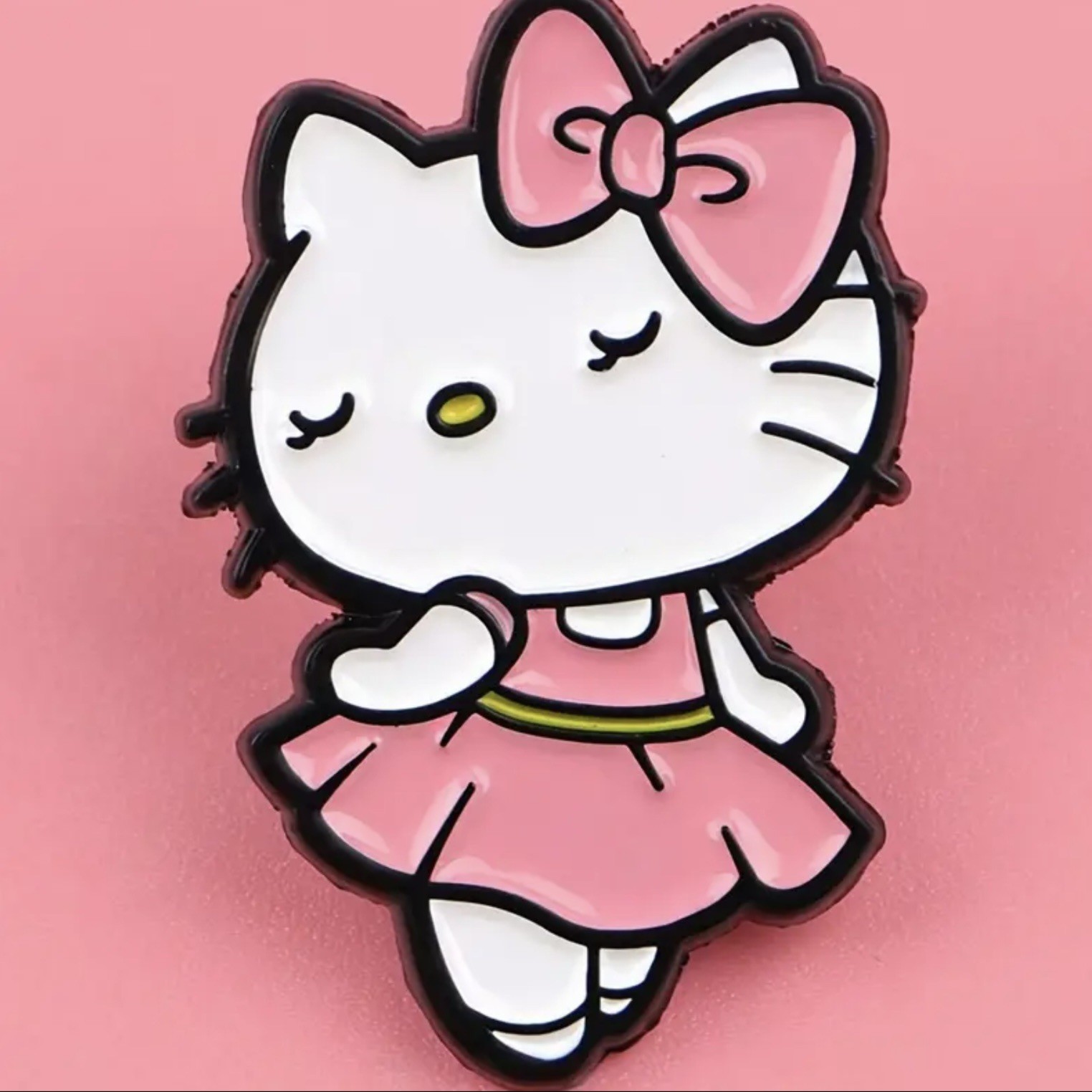 Hello Kitty Dancing in a Pink Dress & Bow, Enamel, Zinc, Alloy, Pin, Brooch.