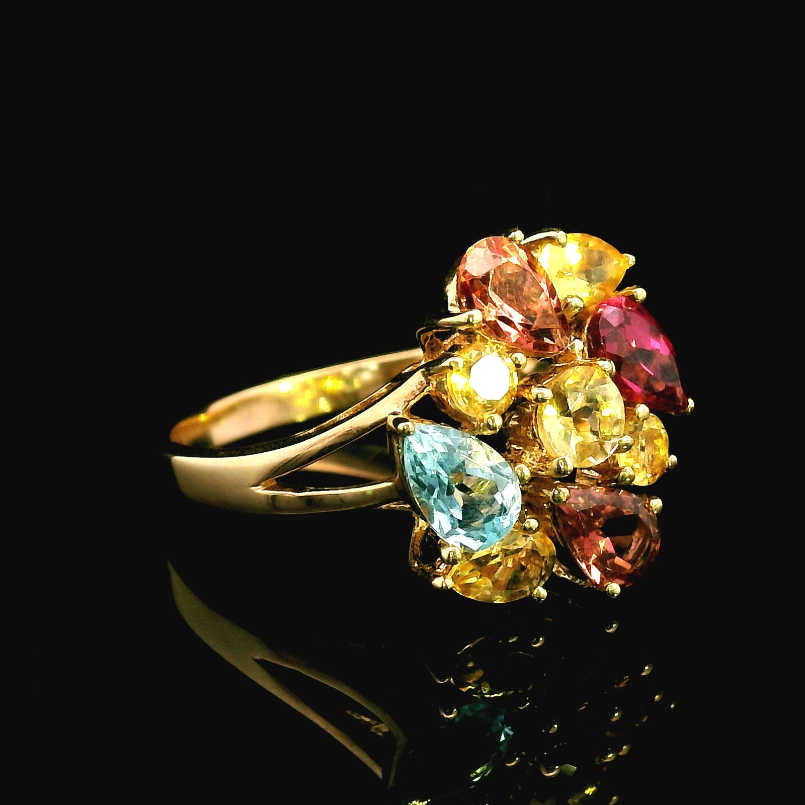9ct Yellow Gold Ring Amethyst Topaz Garnet Sapphire Multi Gemstone 3.8g Stamped