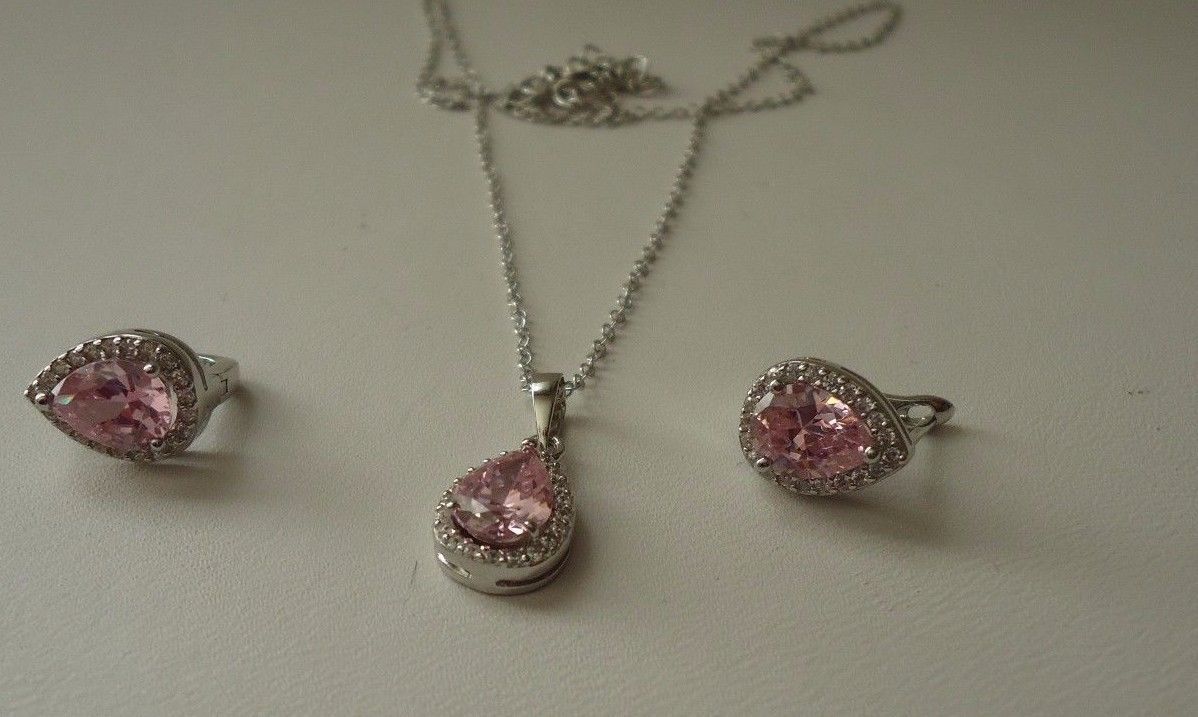 PENDANT & EARRING SET 7.20 CT PINK/ WHITE LAB CREATED DIAMONDS STERLING SILVER