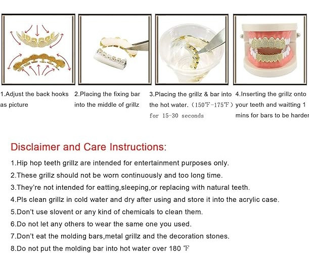 14K GP HipHop Teeth Dental Caps Grillz Top&Bottom Grills Set W/ Wax Real CZ