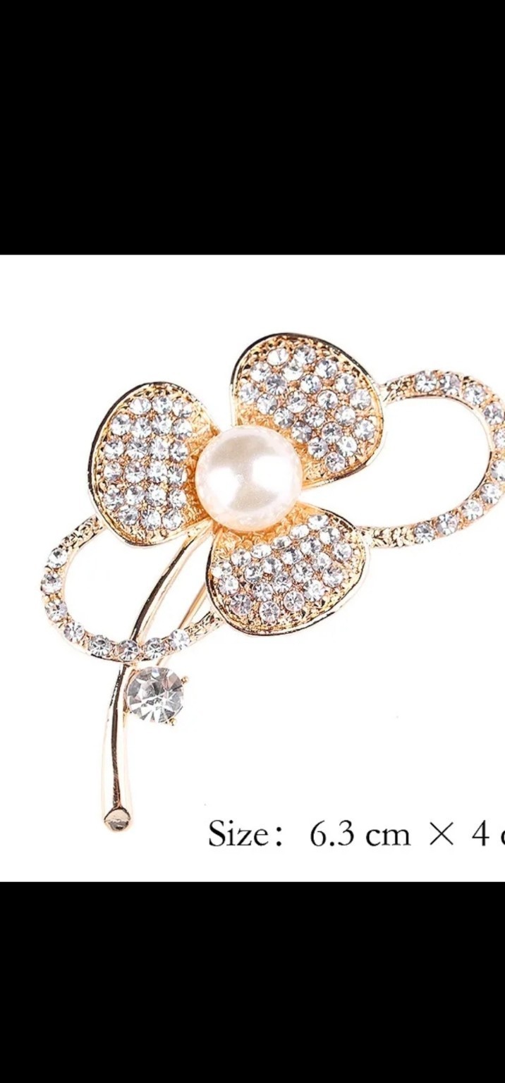 Gold Tone Rhinestone & White Pearl Flower Brooch Pin 6.3cm Cluster Nature