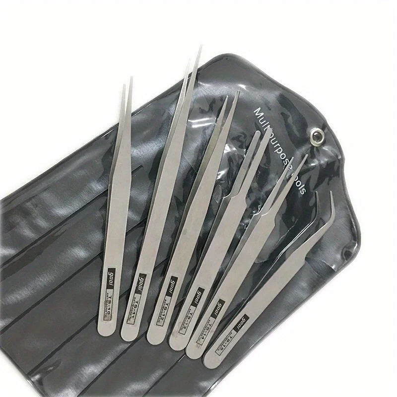 6Pcs Stainless metal Tweezers Repair Tool Industrial Precision Bent Straight Twe