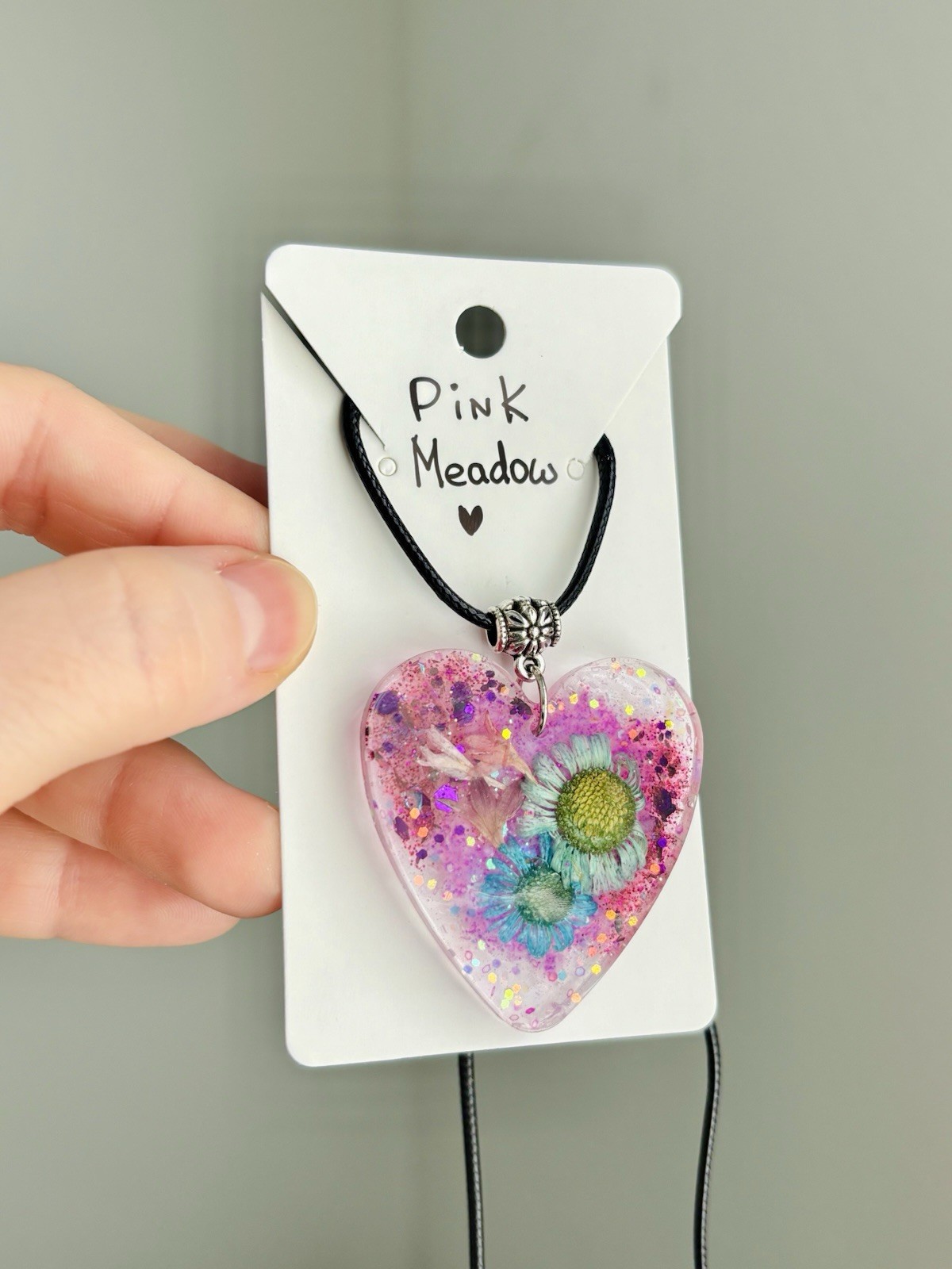 Pink Meadow Resin Heart Necklace Handmade Dried Flower Pink Pendant