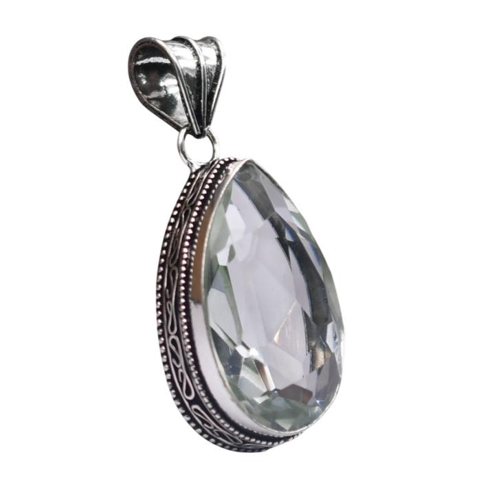 White Topaz Hydro Gemstone Antique Silver Plated Pendant 2.25″ J 2015