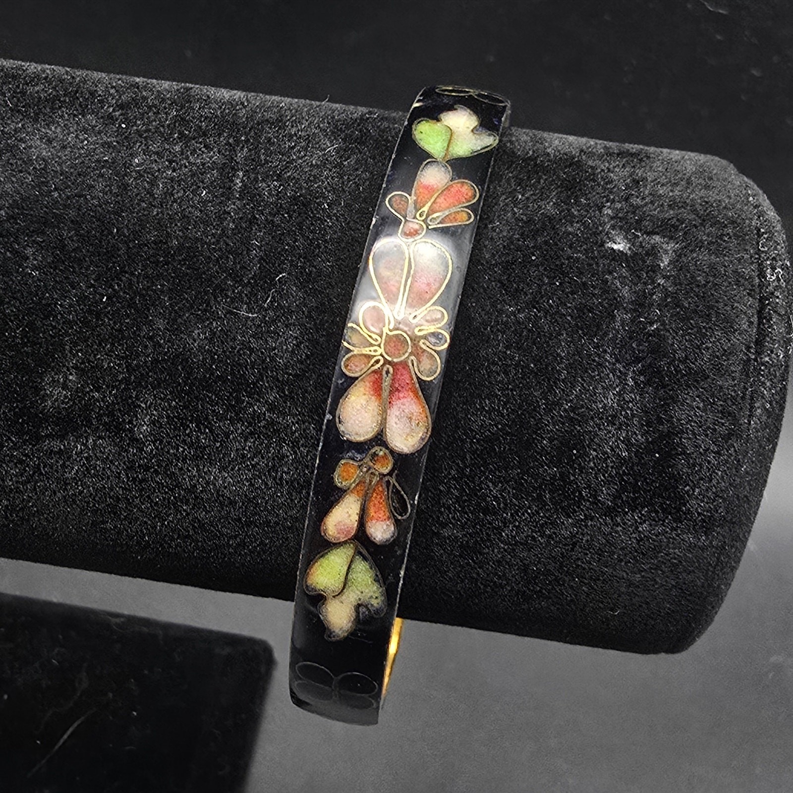 Cloisonne Flower Bangle Bracelet Black Pink Blue Vintage Costume Jewelry