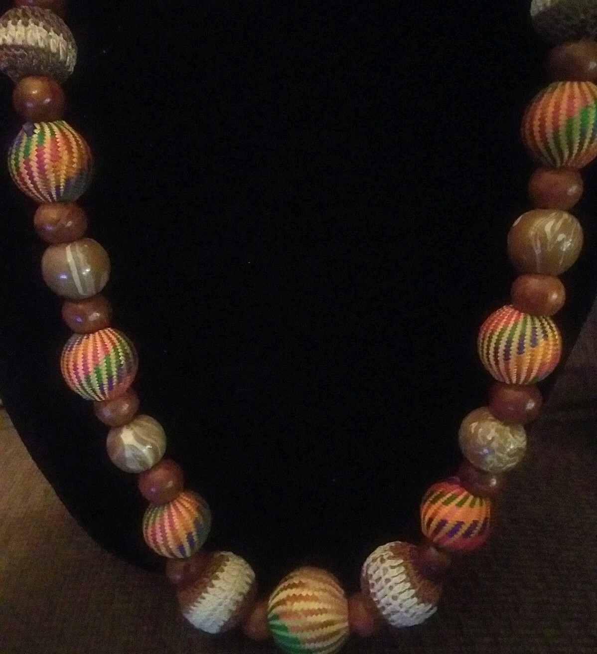 Parfois Crochet Wood Bead and Wooden Bead Necklace Antique Gold Tone 36″