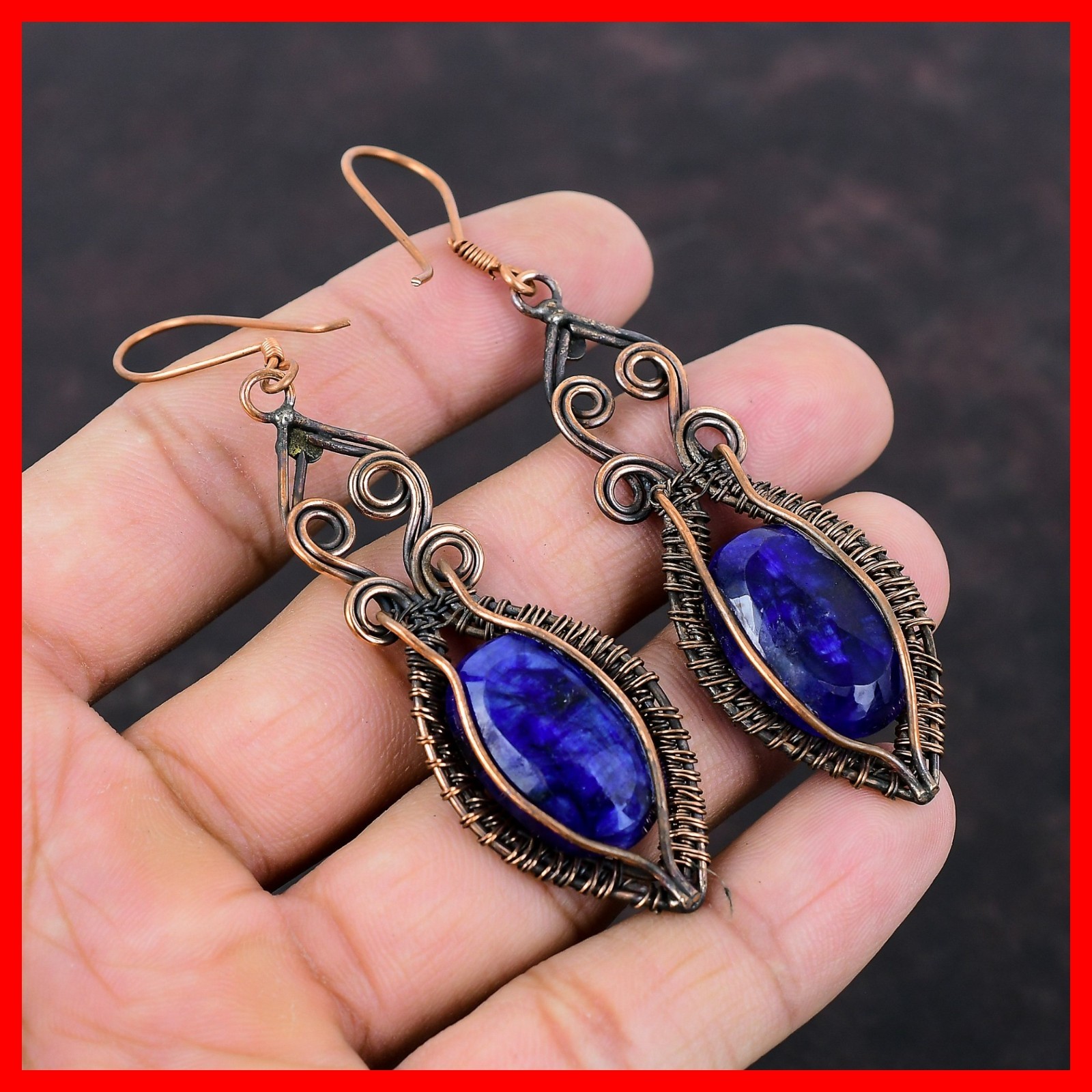 Copper Natural Blue Saphire Handcrafted Dangle New Wire Wrapped Earrings Jewelry