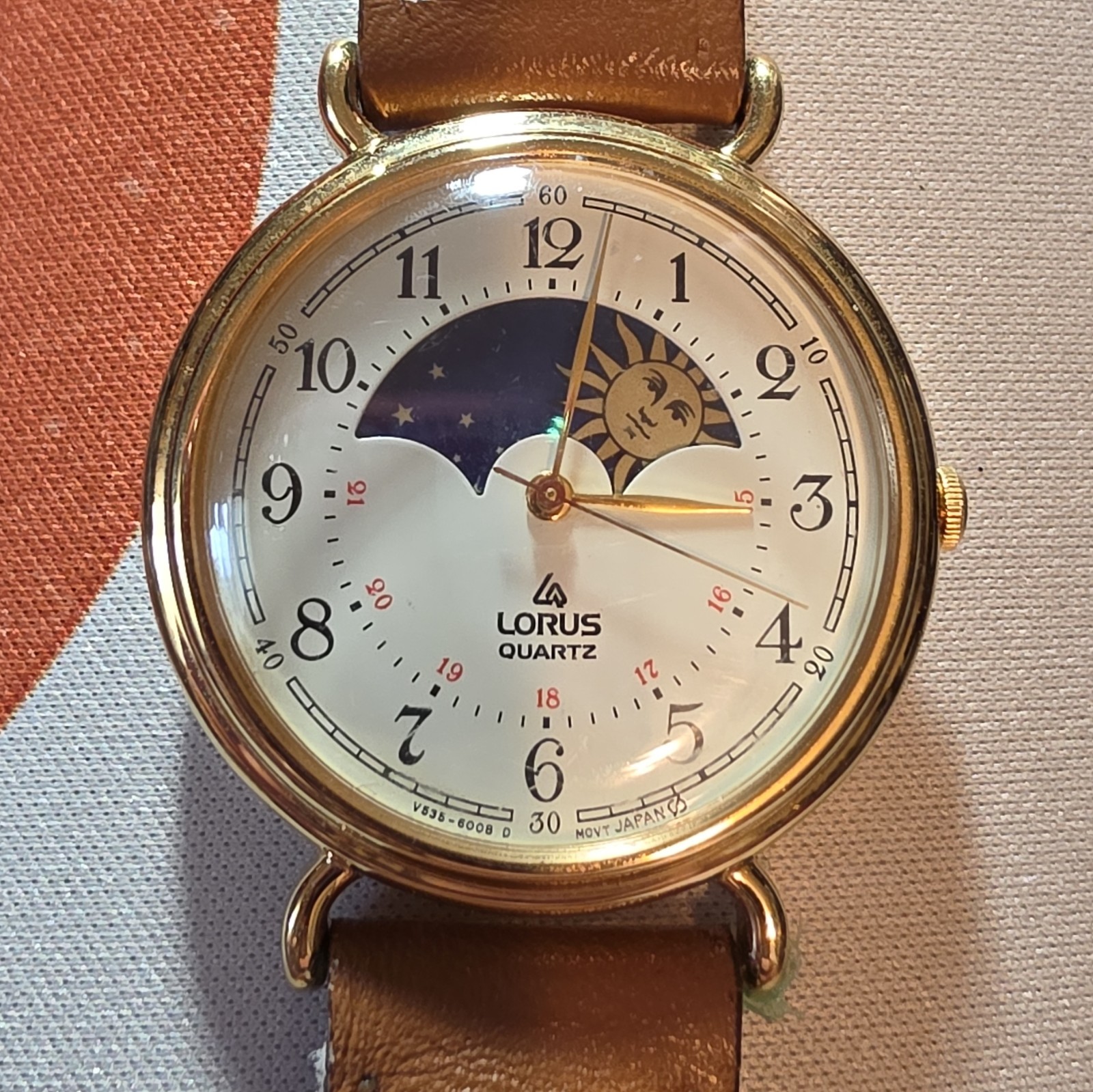 Lorus V535-6000 Quartz Celestial Sun/Moon Dial Gold Tone Brown Leather Watch