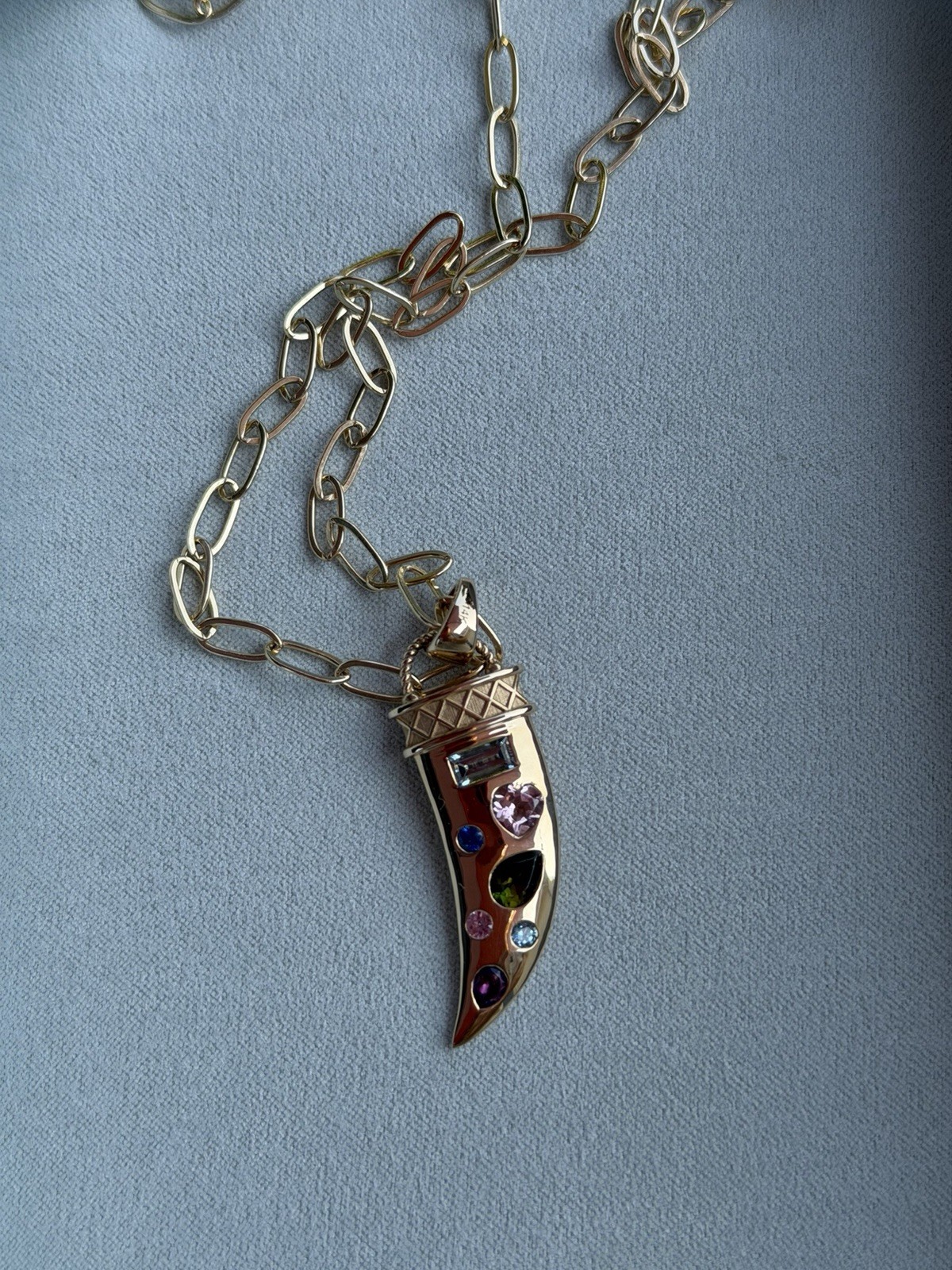 Jane Win 14 KT Solid Gold Detailed Tusk With Multi Gemstones