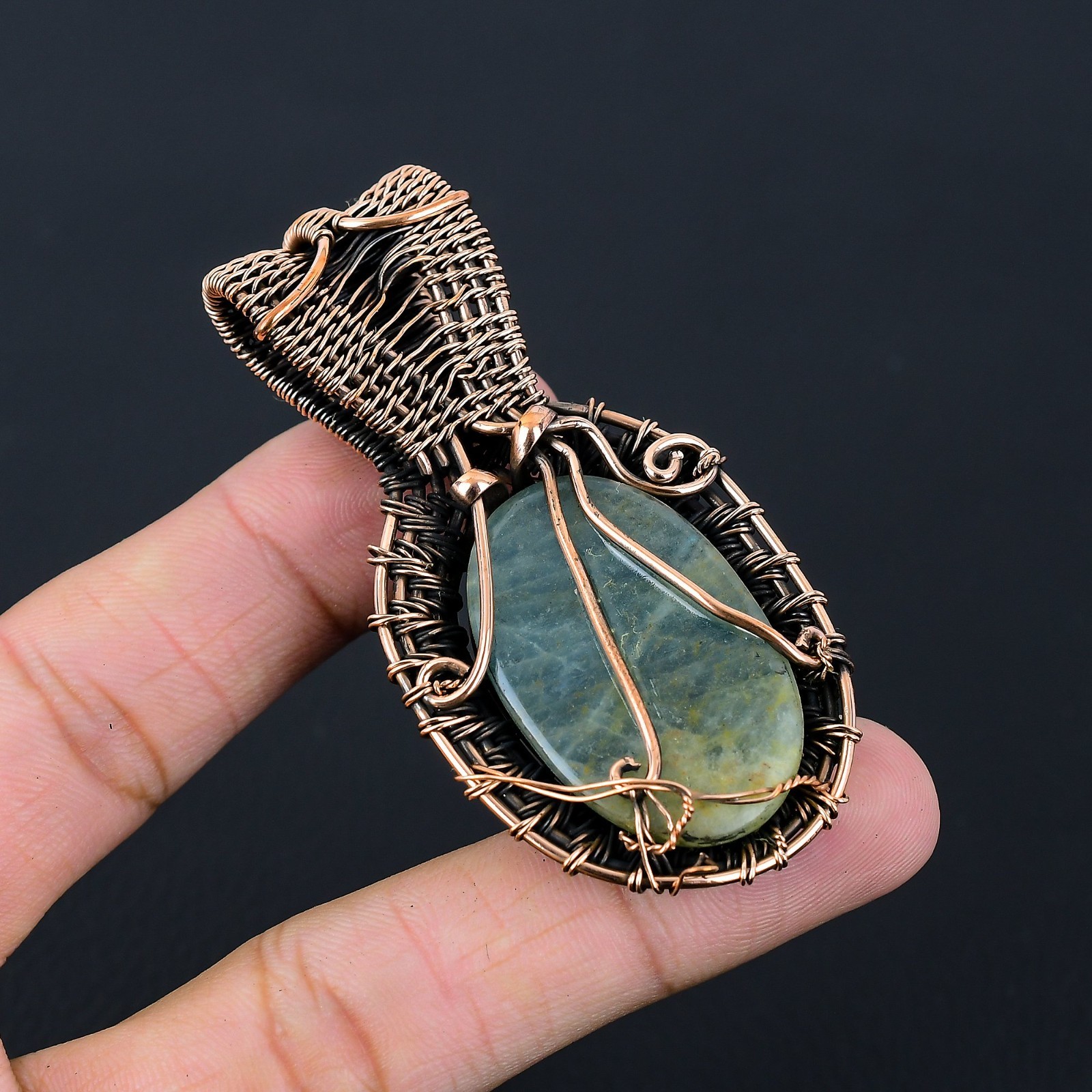 Neon Blue Apatite Handmade Gemstones Copper Wire Wrapped Moonstone Pendant
