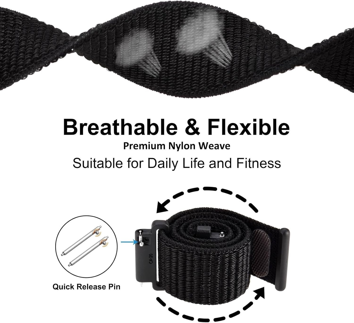 20mm Adjustable Nylon Watch Band – Quick Release Sport Loop Strap in Black