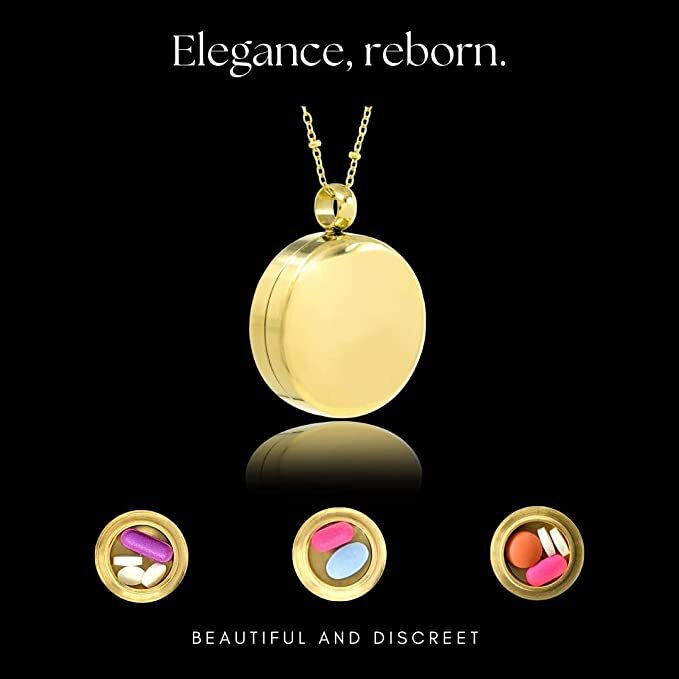 Round Pill Locket Necklace, Secure Waterproof Closure Med Box Jewelry, 26″ Chain