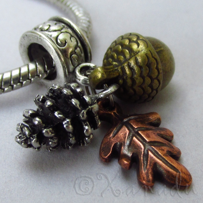 Fall Autumn Silver Pine Cone, Bronze Acorn, Copper Leaf European Charm Pendant