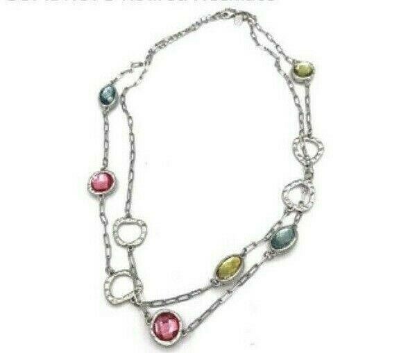 Lia Sophia Gumdrop Green, Orange, Yellow Glass Stones Silver Tone Long Necklace