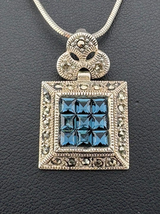 DEE BERKLEY DBJ 925 STERLING SILVER CZ CHECKERBOARD MARCASITE NECKLACE 18″ 308