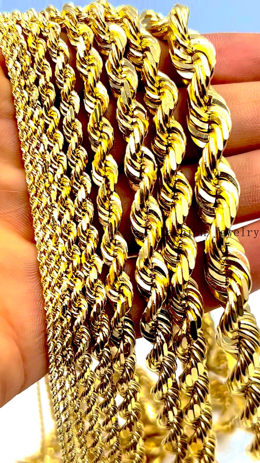 14K Yellow Gold Rope Chain Necklace Diamond Cut Real Gold 1mm-10mm 16″-30″