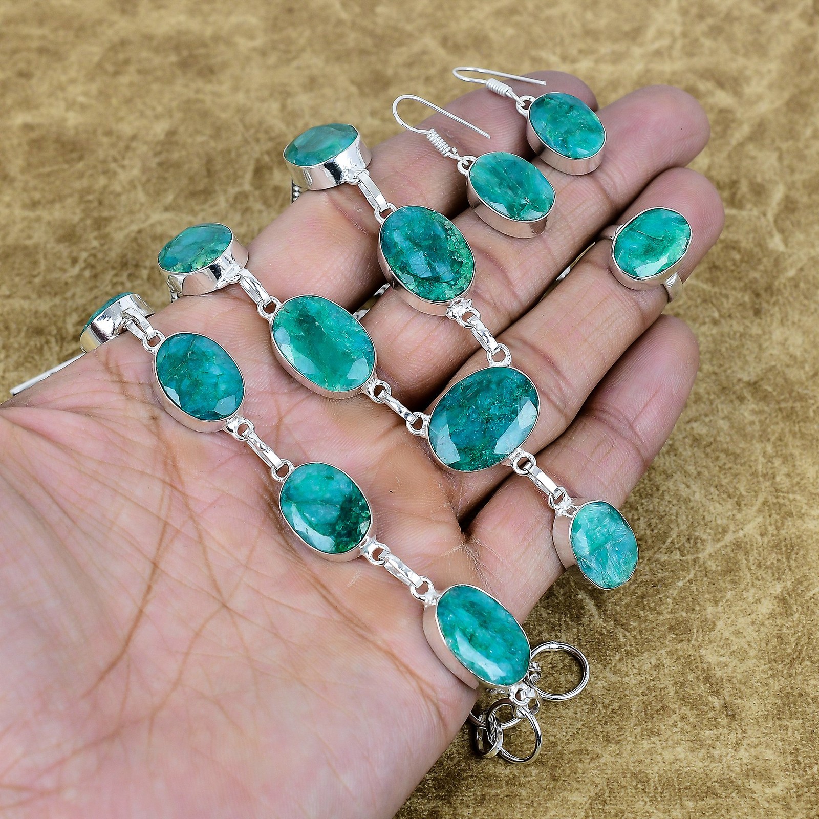 Natural Zambian Emerald Gemstone Handmade 925 Sterling Silver Oval Jewelry Set