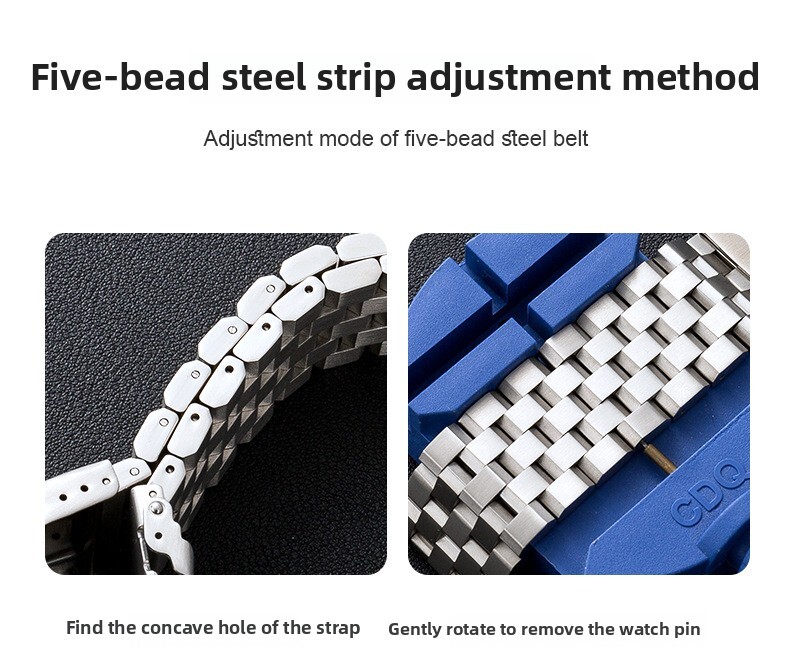 5 Beads Solid Stainless Steel Watch Band Deployment Clasp Bracelet 18 20 22 24mm