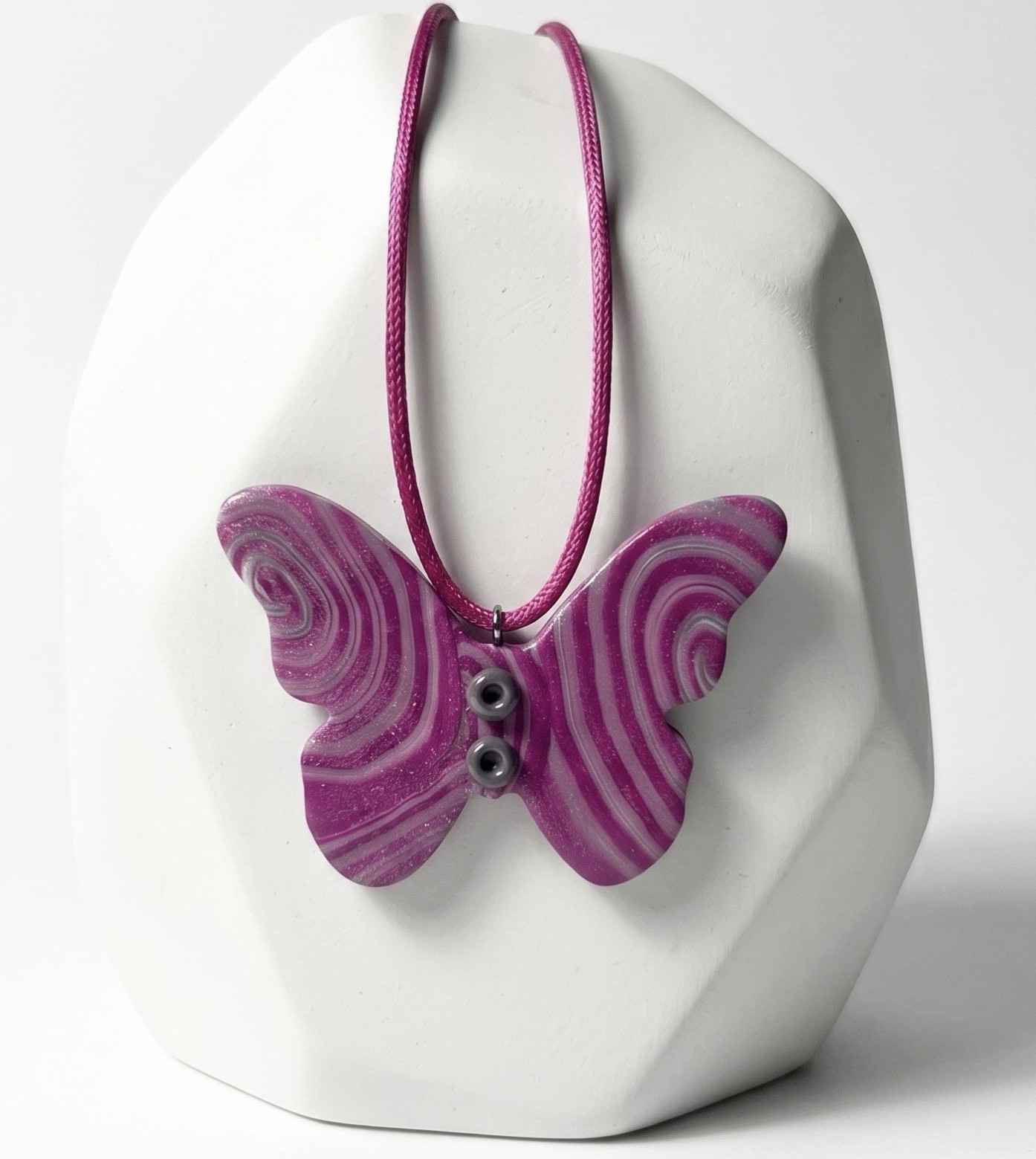 Polymer Clay Purple & Pink Swirl Butterfly Handmade Pendant Necklace Satin Cord
